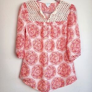 Calypso St. Barth 100% Silk Quarter Sleeve Lace Medallion Women's Blouse Size XS